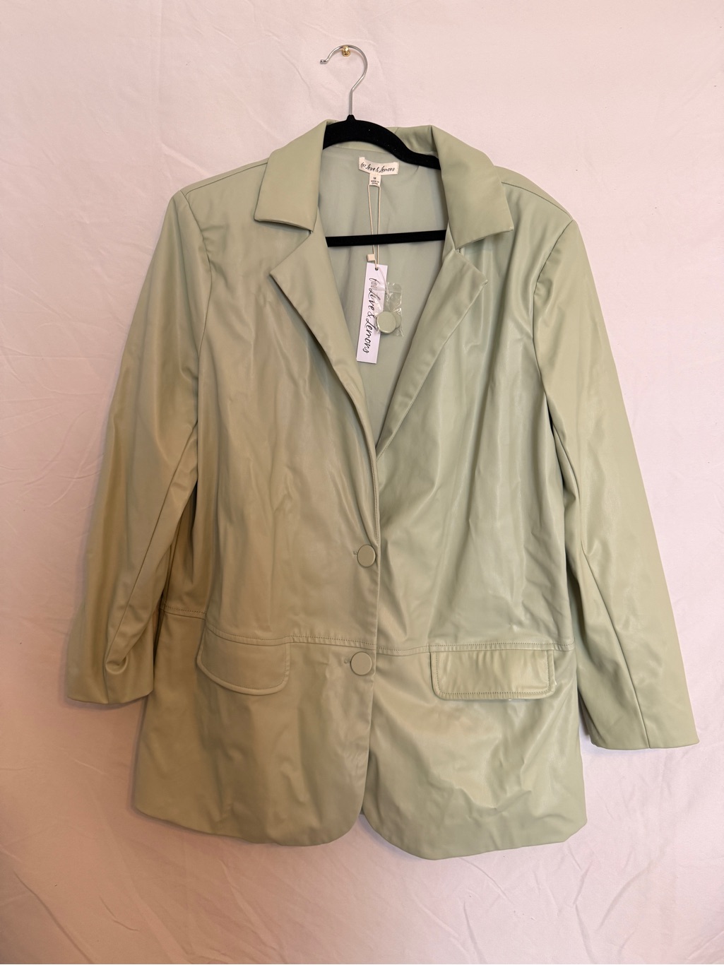 For Love & Lemons Faux Oversized Vegan Leather Blazer Jacket Sage Mint Green Nwt